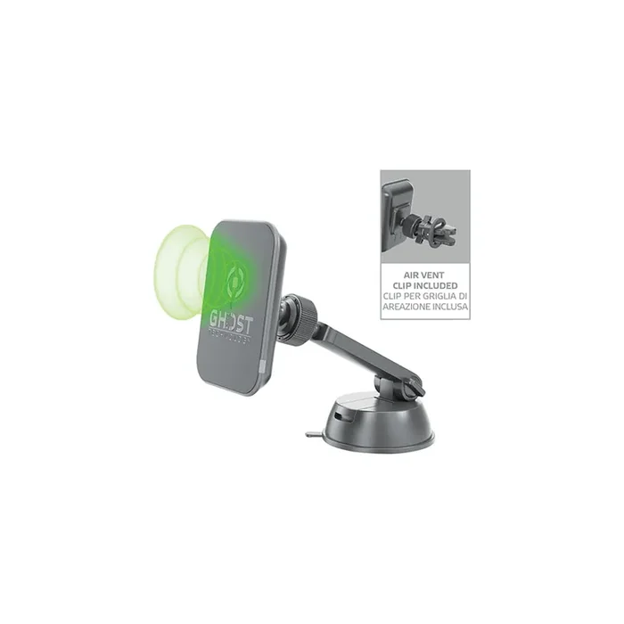 Celly Telephone , Qi GHOSTCHARGEBK Car phone holder with ball joint, with wireless charger, windscreen, Magnetic, without pipe, universal